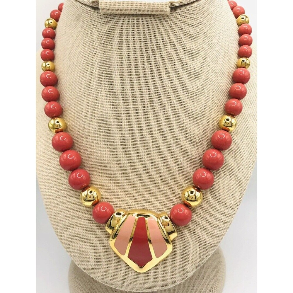 Napier Signed Pink Enameled Beaded Gold-tone Necklace 80s